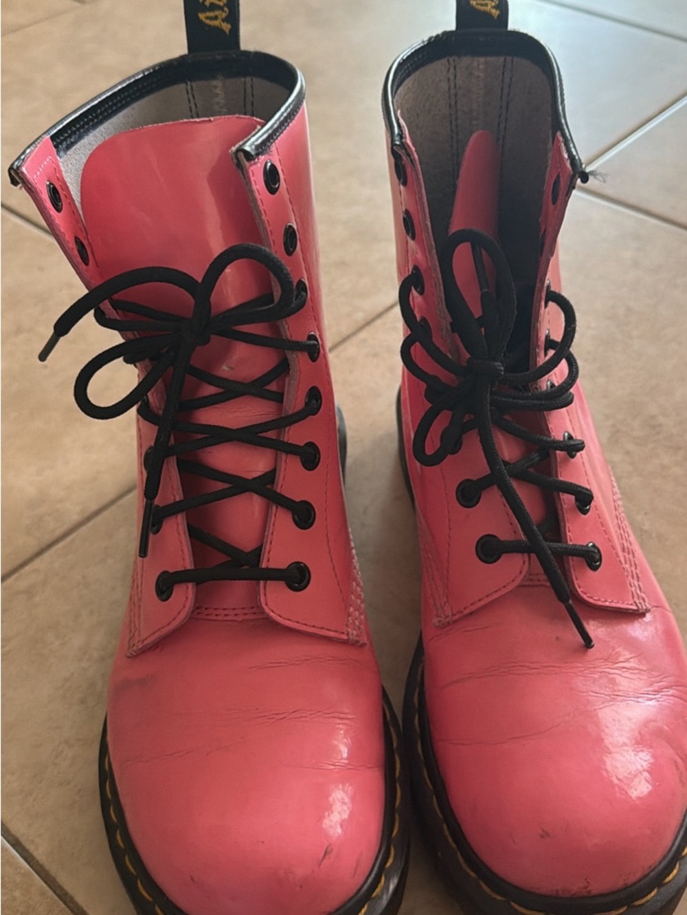 Dr. Martens Pink Leather Lace-Up Combat Boots with Black Laces